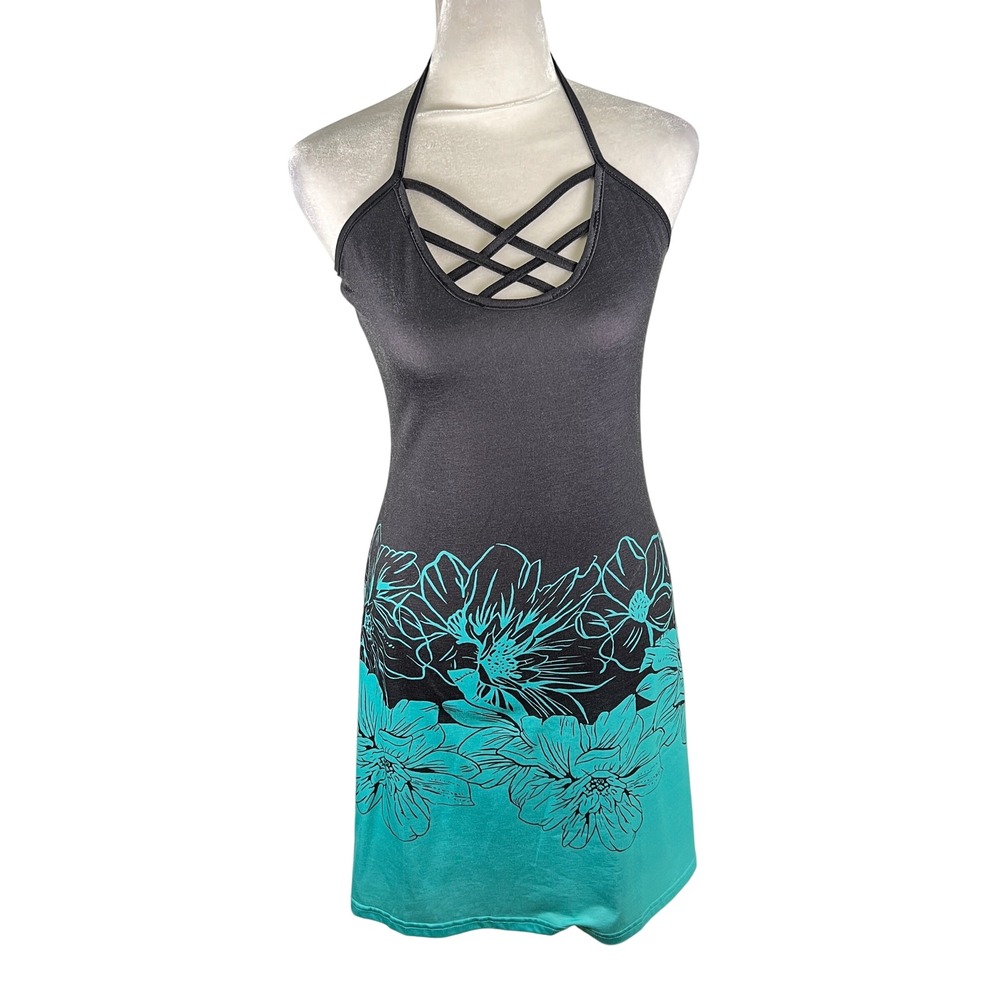 ChicMe Womens Floral Halter Mini Dress Black Teal Lattice Neck Size L